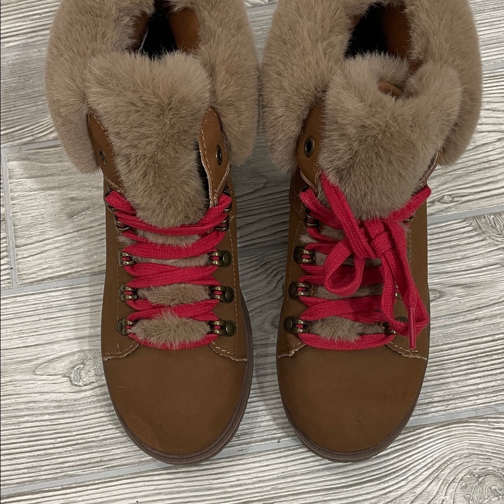 Time and Tru Tan and Red Fur-Lined Boots